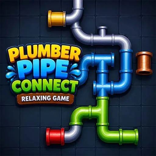 "Plumber Pipe Connect Relaxing Game icon featuring colorful water pipes arranged in a pipe connection puzzle on a dark grid background."