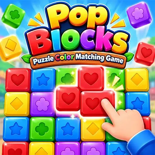 Pop Blocks Puzzle Color Matching Game featuring colorful blocks with hearts, stars, flowers, and diamond shapes.