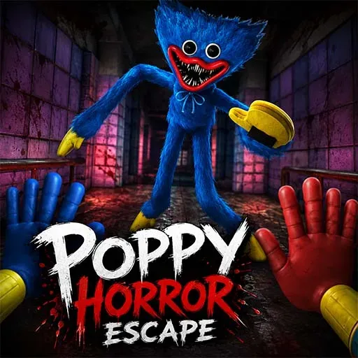 Poppy Horror Escape game icon featuring a blue furry monster with sharp teeth in a dark abandoned corridor and colorful hands in the foreground