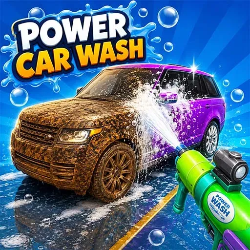 Power Car Wash game icon featuring a muddy SUV being cleaned with a high-pressure water spray and surrounded by soap bubbles