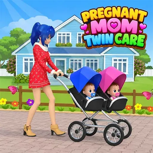 Pregnant Mom Twin Care game icon featuring a pregnant woman pushing a double stroller with two babies outside a suburban house.