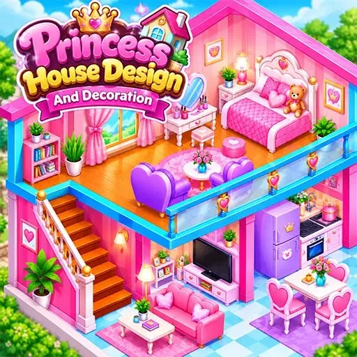 Princess House Design and Decoration game featuring a colorful multi-level dollhouse with pink bedrooms, a cozy living room, a bright kitchen, heart-shaped furniture, plants, toys, and decorative details.