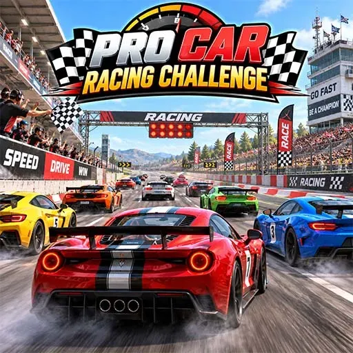 Pro Car Racing Challenge game icon showing multiple sports cars racing on a professional track, with a red race car in the foreground, checkered flags, cheering spectators, and a racing starting grid.