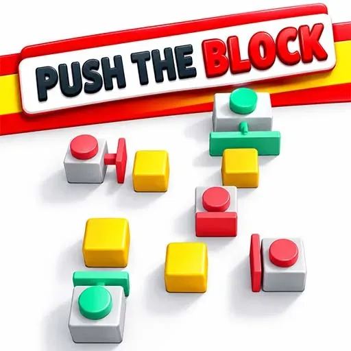 Push the Block game featuring colorful yellow blocks, red buttons, and green mechanisms arranged in a puzzle-style level.