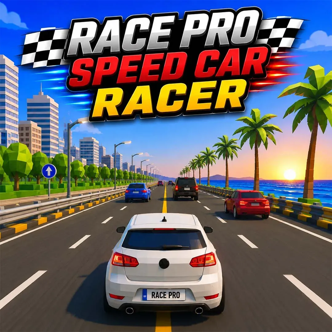 Race Pro Speed Car Racer game icon featuring a white sports car racing on a coastal highway with city buildings, palm trees, and other cars