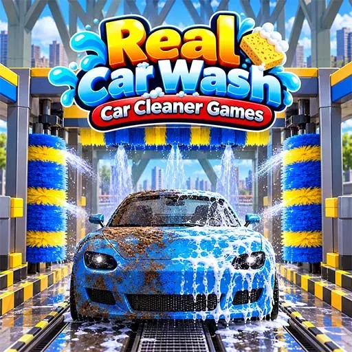 Real Car Wash Car Cleaner Games icon featuring a blue sports car covered in soap and water inside an automatic car wash with rotating brushes and water sprays.
