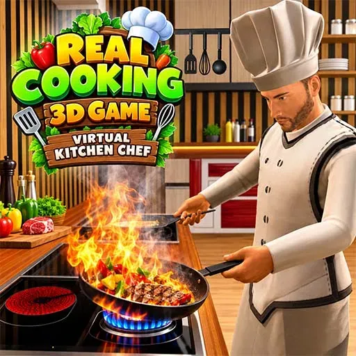Real Cooking Game 3D icon featuring a chef preparing a sizzling dish in a frying pan over an open flame inside a modern virtual kitchen.