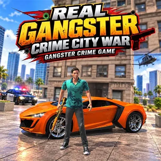 Real Gangster Crime City War game icon featuring a man standing beside an orange sports car in a city with police vehicles and helicopters in the background.