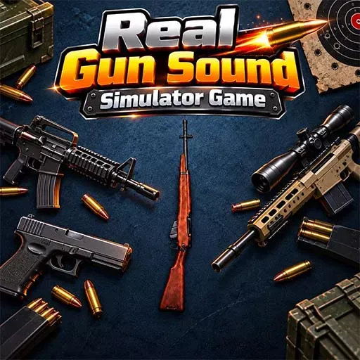 Real Gun Sound Simulator Game icon featuring multiple firearms and scattered ammunition arranged on a dark textured background.