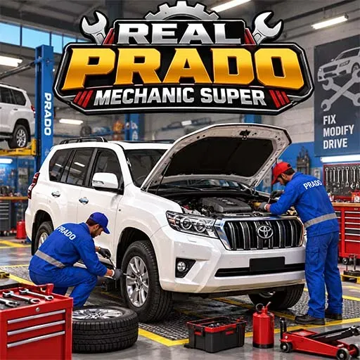 Real Prado Mechanic Super game icon featuring mechanics repairing a white SUV in a professional auto workshop, with the vehicle hood open, tools, tires, car lift, and mechanic equipment.