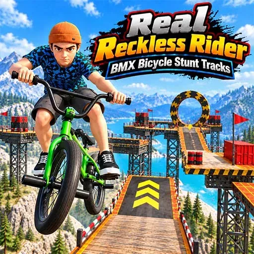 Real Reckless Rider BMX Bicycle Stunt Tracks featuring a rider performing a BMX stunt on a challenging elevated track with ramps, obstacles, and a loop.