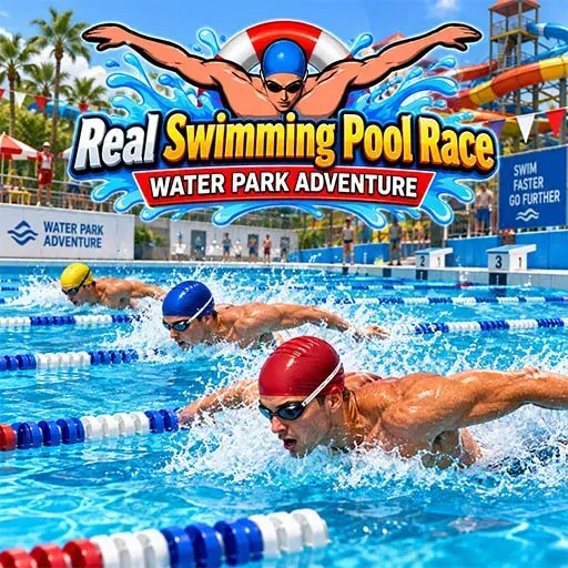 Real Swimming Pool Race Water Park Adventure game icon showing swimmers racing in a pool, with colorful lane markers, a water park with slides and palm trees, and a swimmer diving above the title.