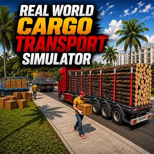 Real World Cargo Transport Simulator game icon featuring a red cargo truck loaded with logs, workers carrying wooden crates, additional trucks, stacked cargo, palm trees, and a tropical roadside setting.