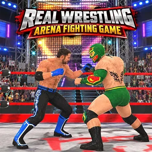Real Wrestling Arena Fighting Game featuring two wrestlers facing each other in a brightly lit arena ring with a cheering crowd.