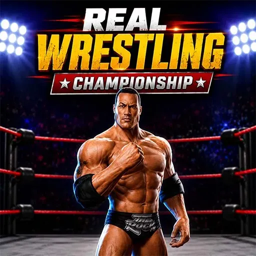"Real Wrestling Championship game icon featuring a muscular professional wrestler standing inside a wrestling ring under bright arena lights during a championship match."
