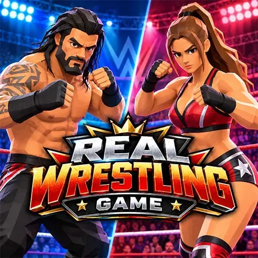 Real Wrestling Game featuring a male and female wrestler facing each other with raised fists in a brightly lit arena, surrounded by a cheering crowd and dramatic blue and red stadium lights