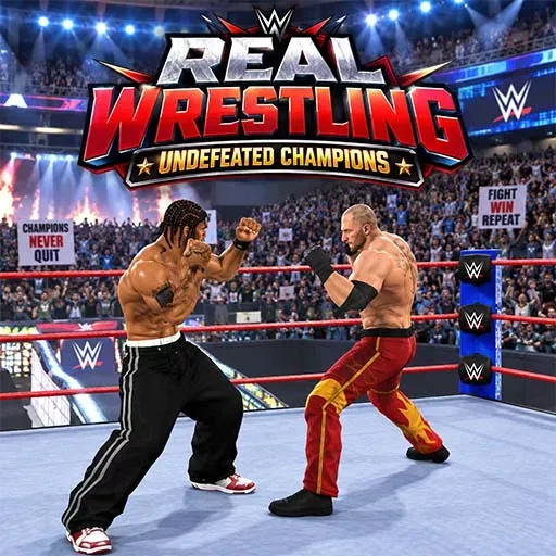Real Wrestling Undefeated Champions game featuring two professional wrestlers facing off inside a wrestling ring, with a packed stadium crowd, bright arena lights, championship branding, and dramatic wrestling action.