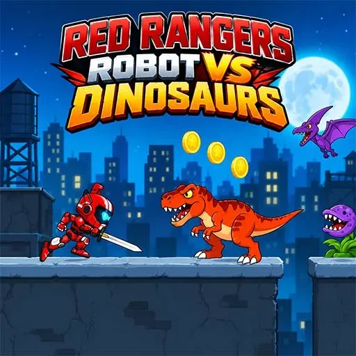 Red Rangers Robot vs Dinosaurs game icon featuring a red robot warrior facing a fierce orange dinosaur on a city rooftop at night, with flying coins, a purple pterodactyl, a small purple dinosaur, and a moonlit city skyline.