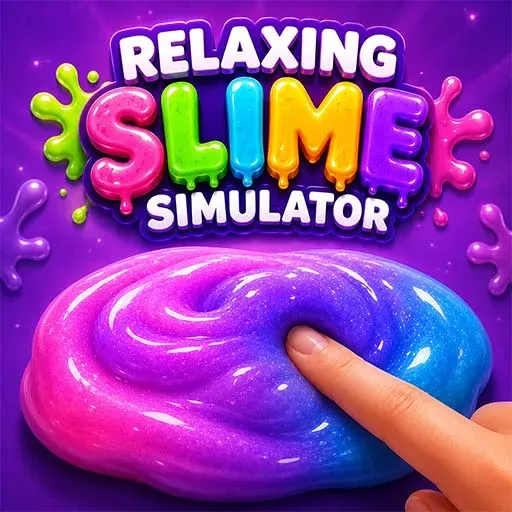 Relaxing Slime Simulator game icon featuring colorful slime being pressed by a finger