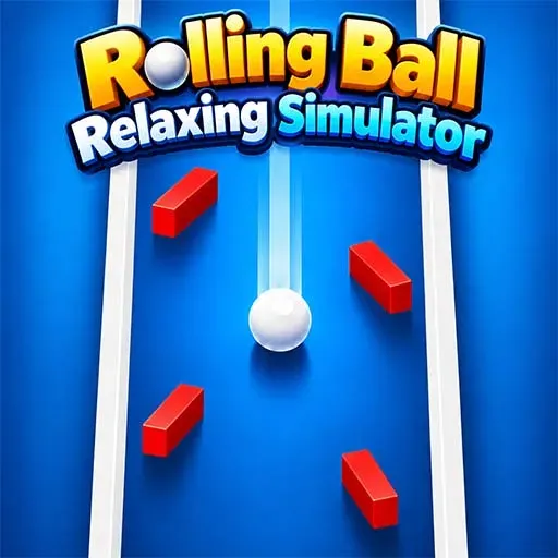 Rolling Ball Relaxing Simulator featuring a white ball moving through a blue track while avoiding red rectangular obstacles.