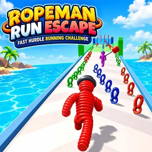 Ropeman Run Escape game featuring a red rope-like character running along a track while avoiding colorful hurdles and obstacles.