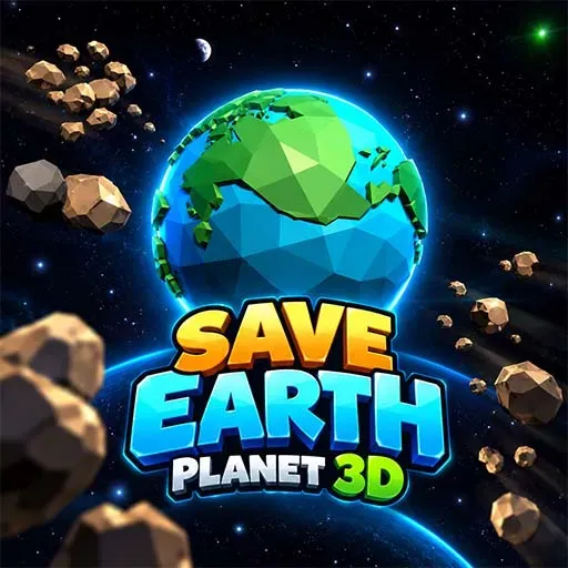 Save Earth Planet 3D game featuring a glowing low-poly Earth surrounded by asteroids in outer space.