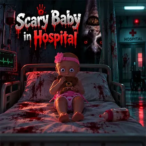 Scary Baby in Hospital game icon featuring a frightened baby sitting on a hospital bed, a creepy monster lurking behind, blood-stained bedding, medical equipment, and a dark hospital corridor.