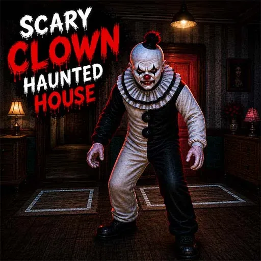 Scary clown standing inside a dark haunted house with eerie lighting and creepy surroundings.