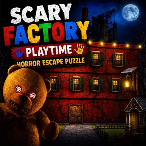 Scary Factory Playtime horror escape puzzle game featuring a creepy teddy bear outside a dark, abandoned factory at night.