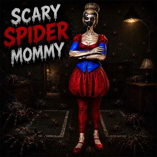 Scary Spider Mommy standing in a dark, eerie room surrounded by spiders and cobwebs.
