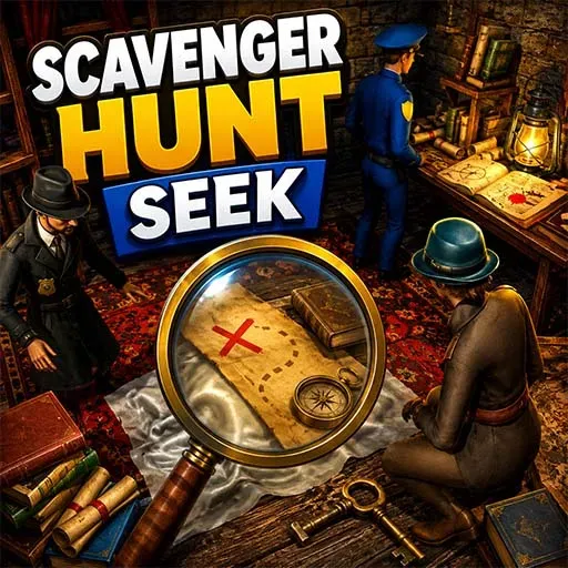Scavenger Hunt Seek game icon featuring detectives searching for clues with a magnifying glass, treasure map, and hidden objects