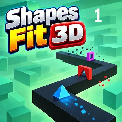 Shapes Fit 3D game icon showing colorful geometric shapes moving along a black 3D pathway with matching obstacles and floating cubes against a bright green background.