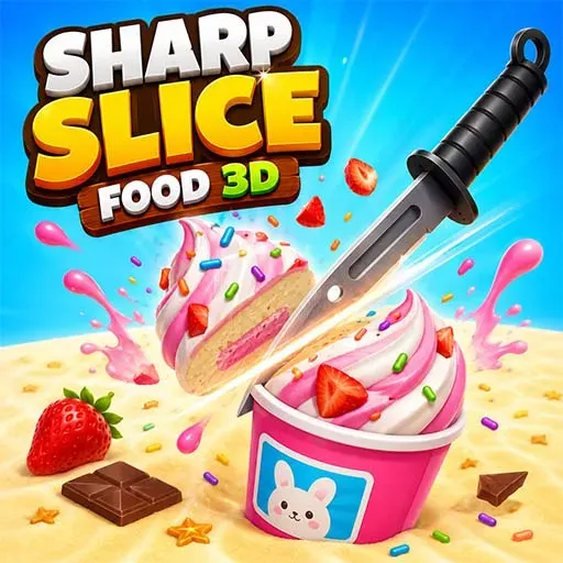 "Sharp Slice Food 3D game icon featuring a knife slicing colorful ice cream, cake, strawberries, and sweet desserts in a fun food cutting game."