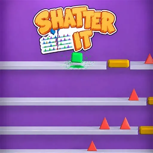 Shatter It Relaxing Simulator featuring a green block smashing through a platform, with red triangular obstacles and yellow blocks arranged along multiple horizontal tracks.