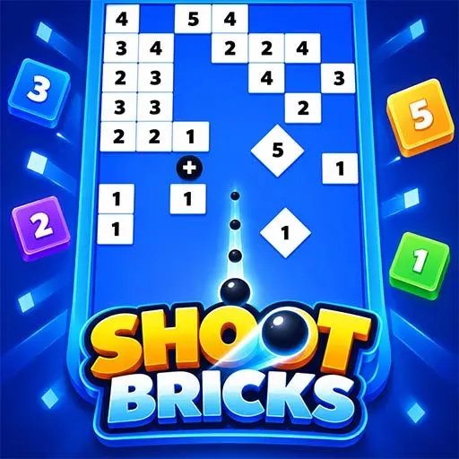 Shoot Bricks Breaker Ball Blast Arcade Puzzle Game featuring a ball launcher aimed at numbered bricks on a blue puzzle board.