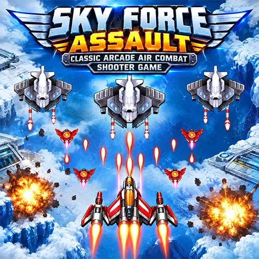 Sky Force Assault Classic Arcade Air Combat Shooter Game featuring fighter jets flying through a snowy mountain landscape, launching missiles and firing at enemy aircraft, with explosions, glowing projectiles, and dramatic aerial combat action.