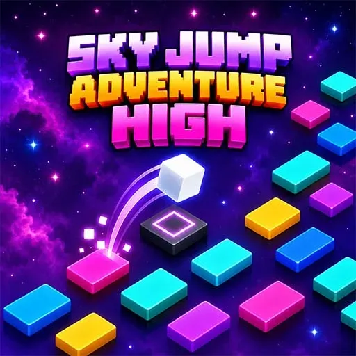 Sky Jump Adventure High game icon featuring colorful floating platforms in space, a glowing white cube jumping between platforms, vibrant purple cosmic clouds, stars, and neon-colored blocks.