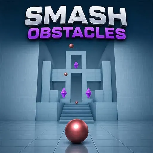 "Smash Obstacles game icon featuring a metallic ball breaking through geometric obstacles in a minimalist 3D arcade puzzle environment."