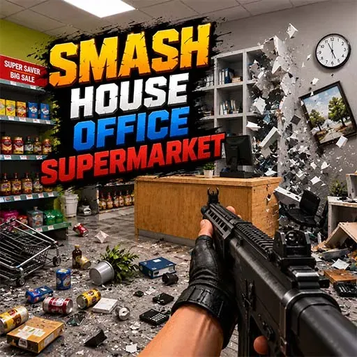 Smash House Office Supermarket game icon featuring a player smashing a supermarket with a rifle