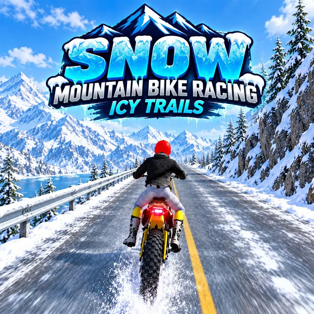 Snow Mountain Bike Racing Icy Trails game featuring a rider on a dirt bike traveling along a snowy mountain road surrounded by snow-covered peaks and pine trees.