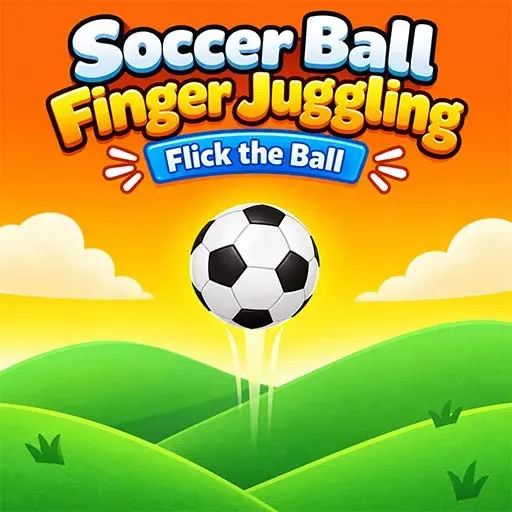 Soccer Ball Finger Juggling game featuring a soccer ball bouncing in the air above a bright green field, with rolling hills, clouds, and a colorful orange sky.