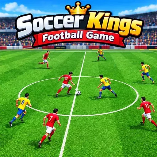 Soccer Kings Football Game featuring players in red and yellow uniforms competing for the ball on a green football field, with a packed stadium and colorful crowd in the background.
