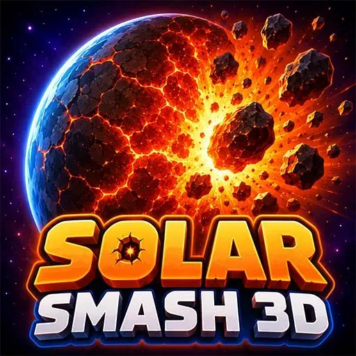 "Solar Smash 3D game icon featuring a planet exploding after a massive asteroid impact in a dramatic space destruction simulation with fiery cosmic effects."