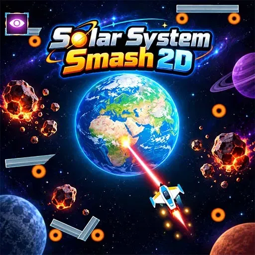 Solar System Smash 2D featuring a spaceship firing at Earth while navigating through asteroids, planets, and obstacles in outer space.