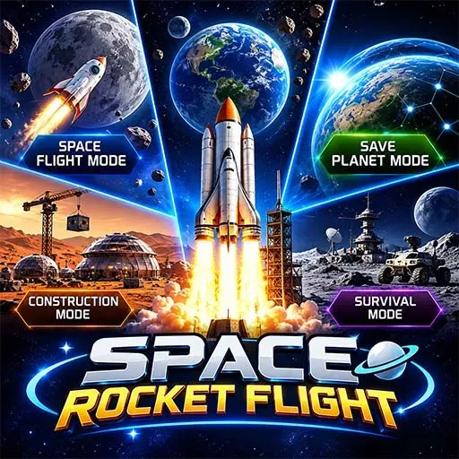 Space Rocket Flight game icon featuring a rocket launching into space with planets, asteroids, space stations, and different gameplay modes shown around it.