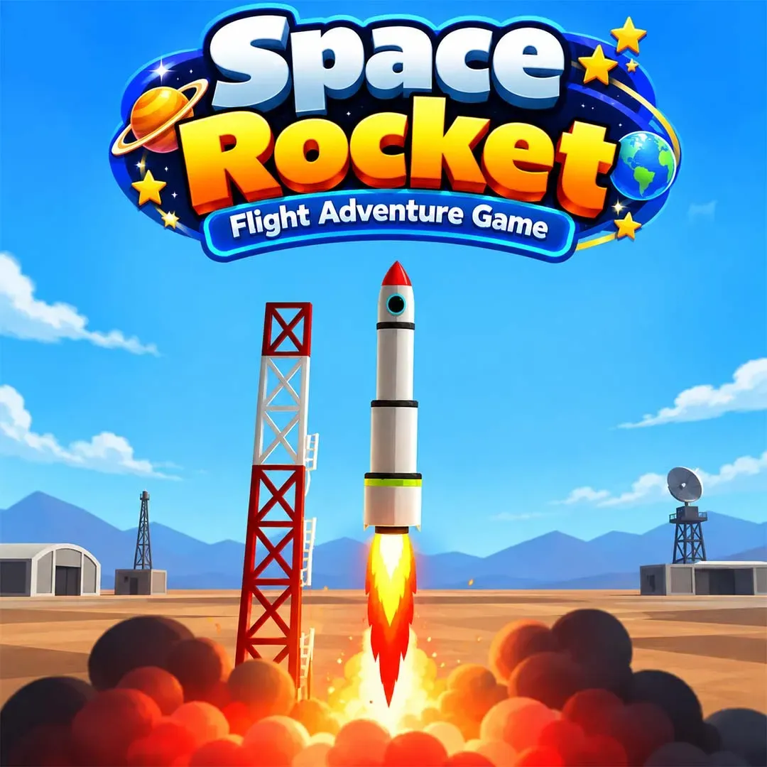 Space Rocket Flight Adventure Game icon featuring a rocket launching from a desert spaceport with flames and smoke.