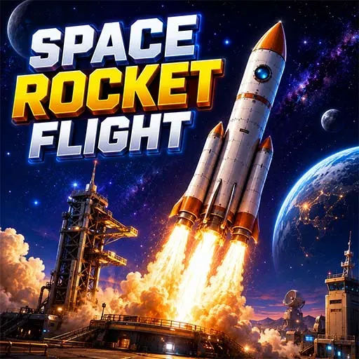 "Space Rocket Flight game icon featuring a powerful rocket launching into space from a launch pad with Earth, planets, and a star-filled galaxy in the background."