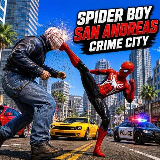 Spider Boy San Andreas Crime City game icon featuring a masked superhero kicking an opponent on a city street with police cars and skyscrapers in the background
