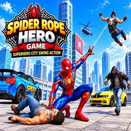 Spider Rope Hero game icon featuring a superhero swinging through a city with a web, cars, helicopters, and other characters.