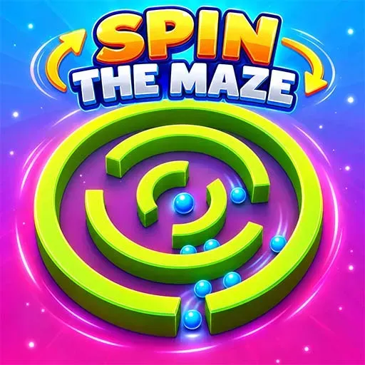 Spin the Maze featuring a colorful circular maze with glowing blue balls inside bright green spiral pathways.
